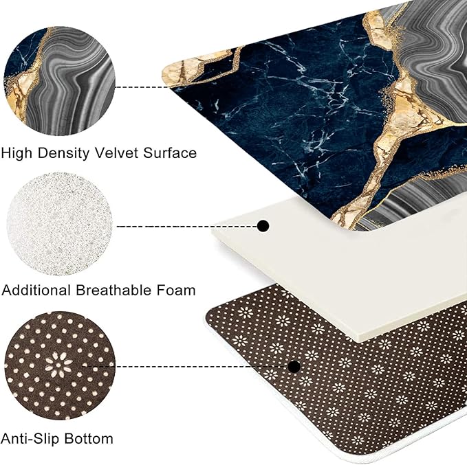 Nkzply 4 Pcs Blue Marble Shower Curtain Sets with Rugs Gold Bathroom Sets with Shower Curtain and Rugs Modern Abstract Grey Bathroom Accessories Decor Toilet Lid Cover and 12 Hooks