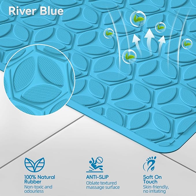 Bathtub Mat Non Slip with Suction Cups - 100% Rubber Bathroom Mat Textured for Bath Tub Shower Safety - Soft on Touch - BPA/PVC Free - Pet Dog Bath Mat - Machine Washable - 16 × 28 Inch（R Blue）