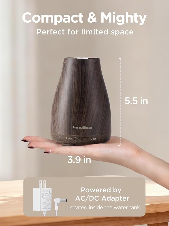 InnoGear Essential Oil Diffuser, Ultrasonic Diffusers for Home Aromatherapy Humidifier for Bedroom Room 7 Colors LED 2 Mist Mode Auto Off, Brown