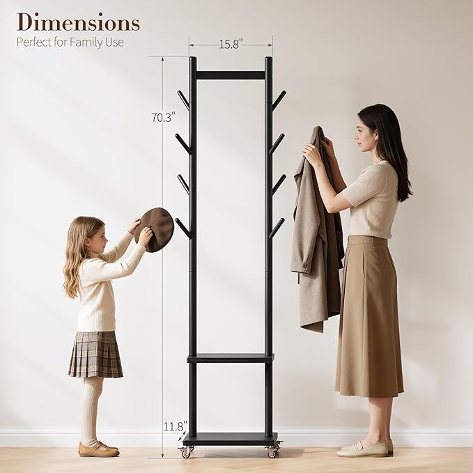 Yoobure Solid Wood Coat Rack Freestanding - Rolling Clothes Rack with 8 Hooks & Shelves, Small Clothing Rack with Wheels, Heavy Duty Clothing Racks for Hanging Clothes, Portable Hall Tree for Entryway