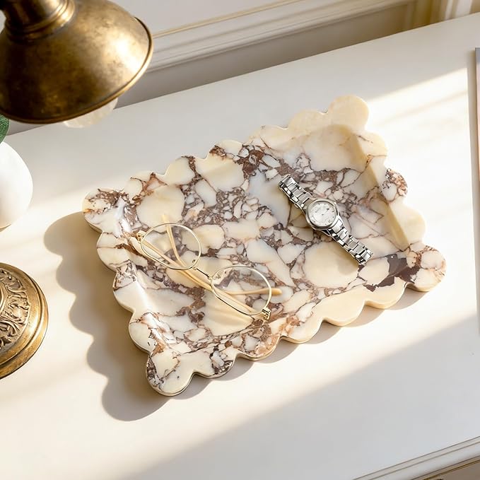 Koville Luxury Calacatta Viola Marble Tray, 11"x8" Scalloped Marble Vanity Tray for Countertop Bathroom Kitchen Dresser, Natural Stone Tray for Jewelry Perfume Home Decor, Decorative Catchall Tray