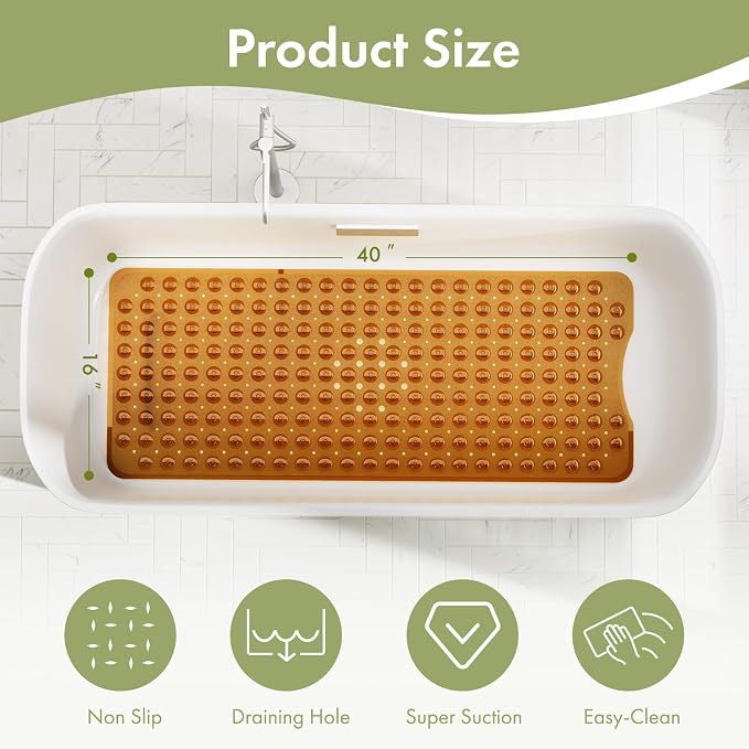 AmazerBath Shower Mat Non Slip 40 x 16 Inches, Shower Stall Mats with Suction Cups and Drain Holes, Non Slip Bath Mat for Tub for Elderly & Kids, Clear Brown
