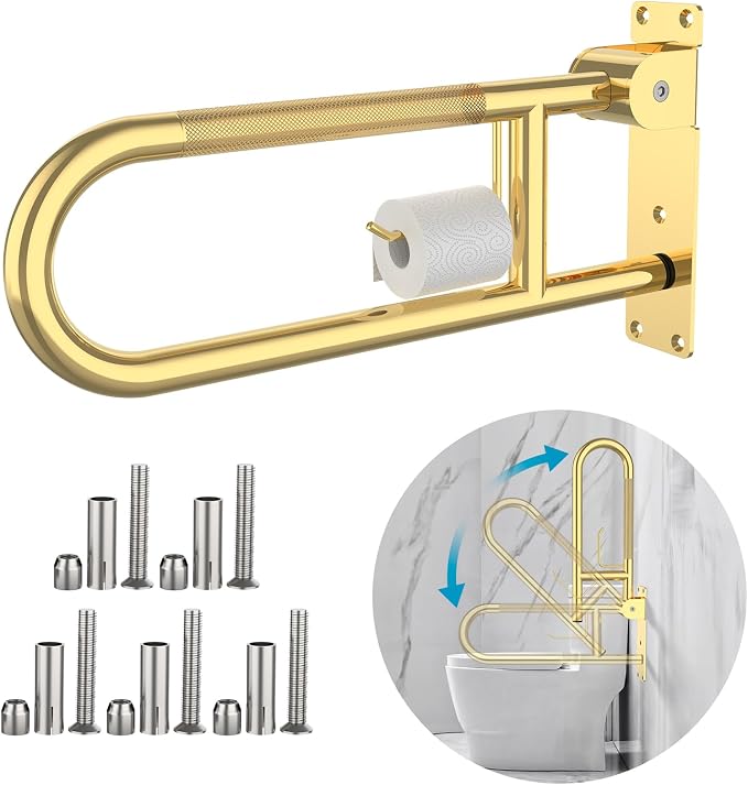 Toilet Grab Bar 24 Inch Gold, Munzong Anti-Slip Handicap Grab Bars with Paper Holder, Flip-Up Bathroom Safety Rails, Stainless Steel Knurled Support handrails for Seniors Elderly Disabled Pregnant