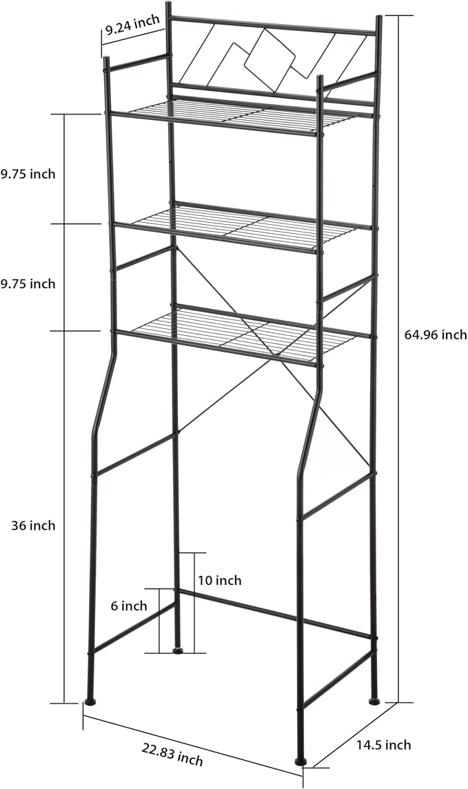 Home Zone Living Over the Toilet Storage Bathroom Organizer 3-Tier Freestanding Steel Frame Shelves with Wide Stabilizing Base and Adjustable Feet, Matte Black