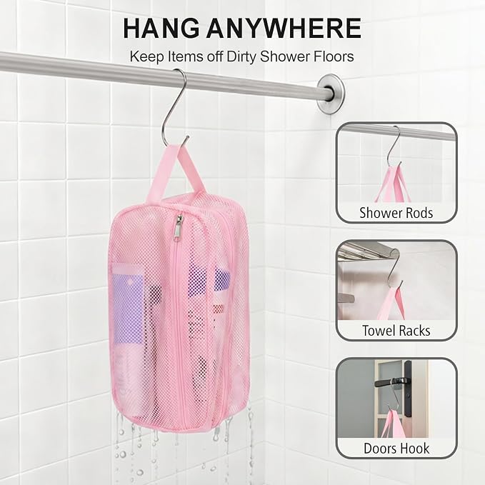 F-color Mesh Shower Caddy Portable with Zipper - 2 Pockets Small Shower Bag Tote for Camping, Gym, Travel, Toiletry, Quick Dry Bathroom Essentials with S Hook, Pink