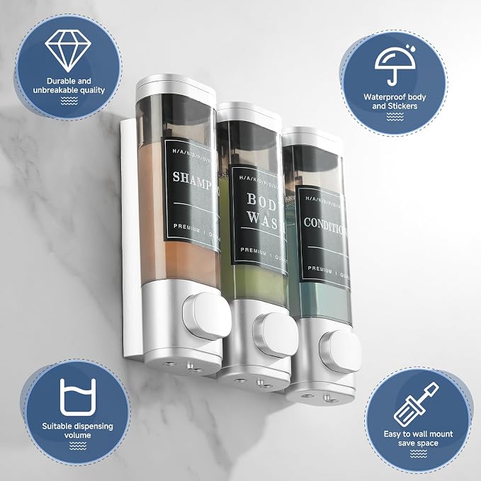 Shower Soap Dispenser Wall Mounted No Drill Shampoo Dispenser for Shower Wall Shampoo and Conditioner Dispenser Bathroom Hotel 3 * 300ml with Waterproof Labels Sliver