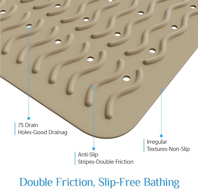 Non Slip Bathtub Mat & Shower Mat, 31x15'' Anti Slip Bath Mat for Tub, Soft TPE Anti-Skid Bathroom Mat with 194 Suction Cups & Drain Holes, Wave-Textured Grip, Machine Washable,Brown