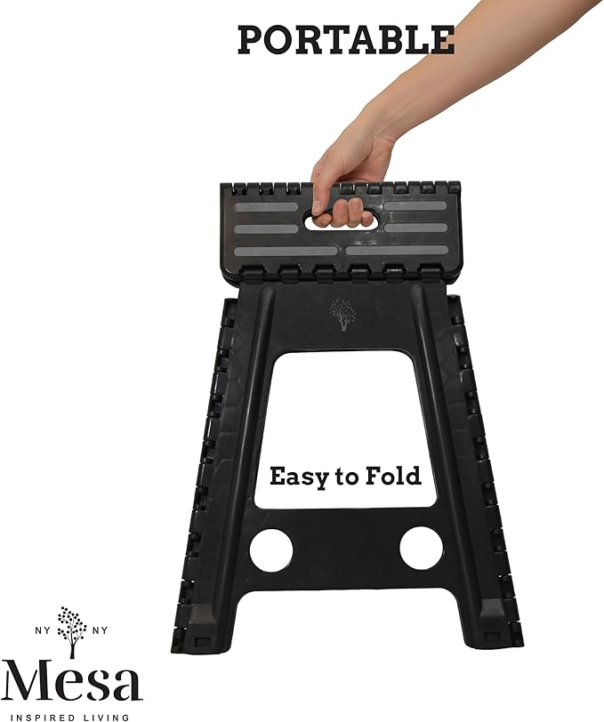 Inspired Living 18" Step Stool, Folding Step Stools for Adults, Plastic Foldable Step Stools Kids, Holds Up to 330 lbs, Collapsible Folding Stool for Kitchen, Bathroom, Bedroom - Black/Grey