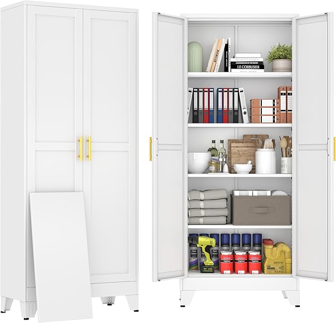 71" White Metal Garage Storage Cabinet with 2 Doors and 4 Adjustable Shelves,Kitchen Pantry Cabinet,File Cabinet,Steel Tool Cabinet for Home,Office,Garage,School,Warehouse