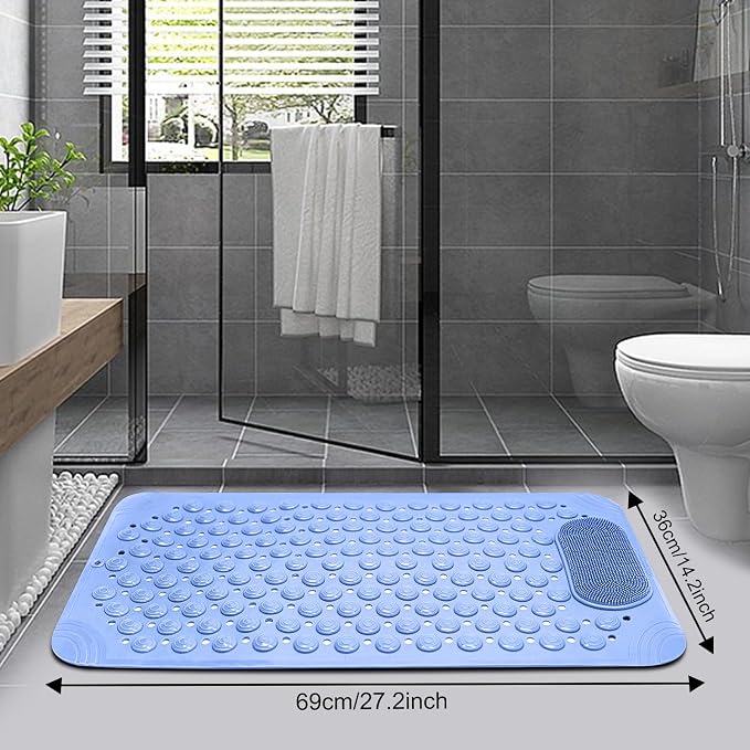 Bathtub Mat, 27x14 inch Non-Slip Bath Tub and Shower Mat with Suction Cups, Bathroom Bathtub Mats with Drain Holes Suction Cups, Machine Washable (Blue