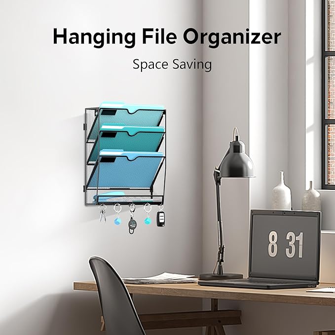 Wall File Organizer - Hanging File Organizer with 5 Hooks, Mail Holder Wall Mounted for Papers, Folders, Magazines, Bills, 4 Tier Office&School Organization, Black