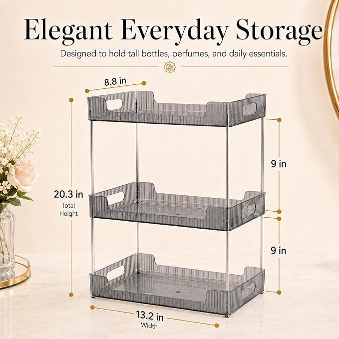 Goderewild Bathroom Counter Organizer, Multi-Purpose Cosmetics Skincare Shelf, Makeup Organizer for Vanity Tray, Countertop Storage Solution for Kitchen and Bath. (Smoky Gray, 3-Tier)