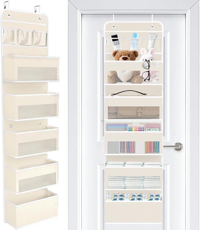 WISELIFE Over the Door Organizer - 6 Shelves Detachable Hanging Bedroom Storage Solution with 5 Large Pockets and 3 PVC Pockets for Dorm Bathroom, Pantry Nursery Baby Essentials (Beige)