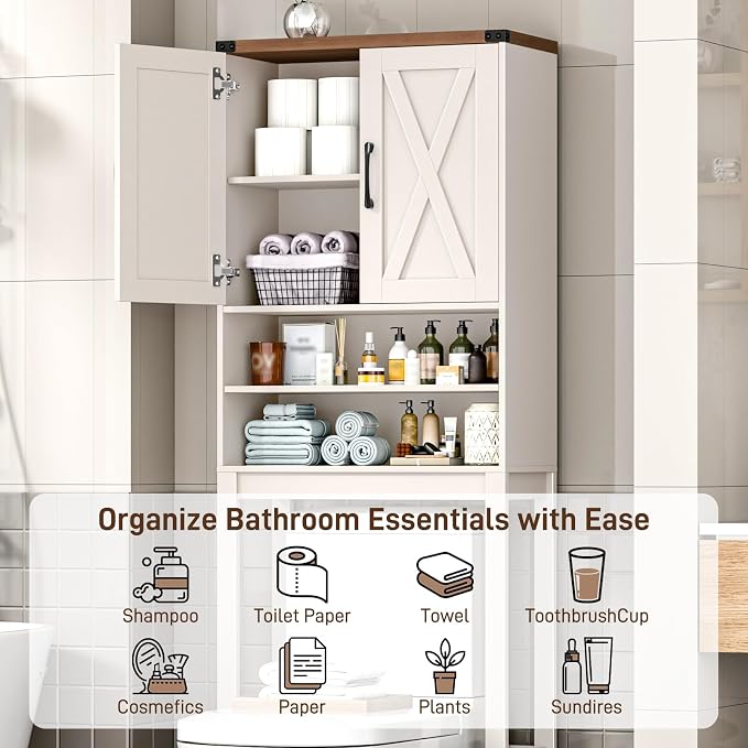 Vabches Over The Toilet Storage Cabinet, Bathroom Organizer with 2 Barn Doors, Farmhouse Space-Saving Toilet Rack with Adjustable Shelf,for Bathroom, Toilet, Laundry Room