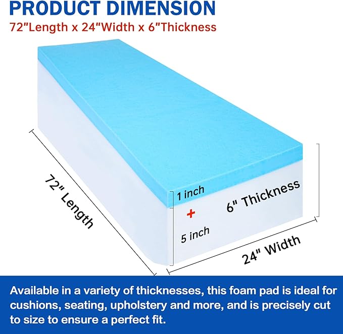 High Density Upholstery Foam Cushion - 6" Thick x 24" x 72", Gel Memory Foam Support Padding for Seat Cushion Replacement, DIY Projects, Sofa Mattress Support