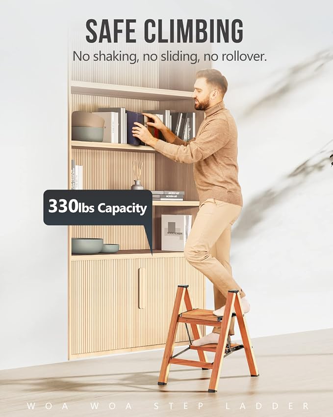 WOA WOA 2 Step Ladder, Foldable Step Stool, Aluminum Lightweight Ladder for Home Kitchen Closet, Anti-Slip Pedals, Ease of Folding, Portable, 300lbs Capacity - Wood Grain