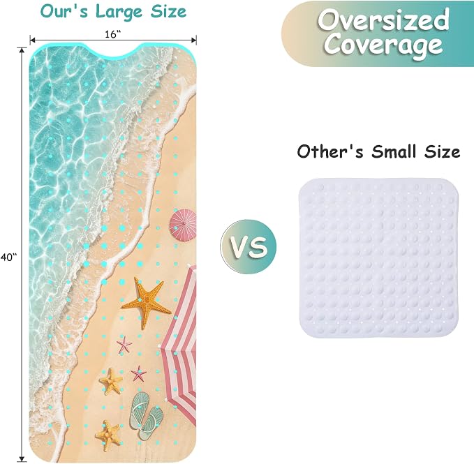 Bathtub Mat Non Slip, Beach Extra Long Bath tub Mat Shower Floor Mat with Suction Cups and Drain Holes for Adults Kids Elderly 40 X 16 Inch