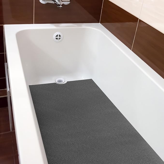 Dunzoom 16" x 40" Non Slip Bathtub Mat with Drain Cut Out Anti Slipping Non Skid Safe Tub Mat Adhesive Peel and Stick Bath Tub Mat PEVA Tub Sticker for Shower Floor Boat Wet Areas(Dark Gray)