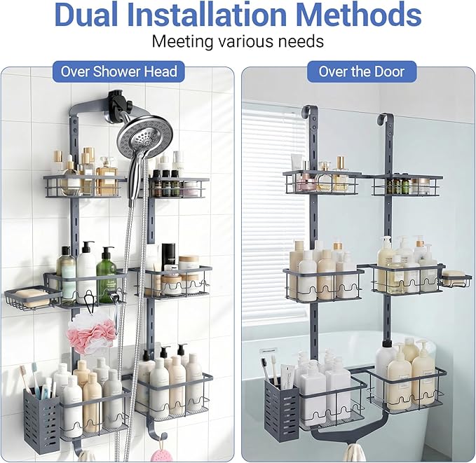 Extra Large Shower Caddy Hanging, Rust-Resistant Shower Organizer Hanging,3 Tier Height-Adjustable Over the Head Caddy,Rack with Soap Basket (Gray)