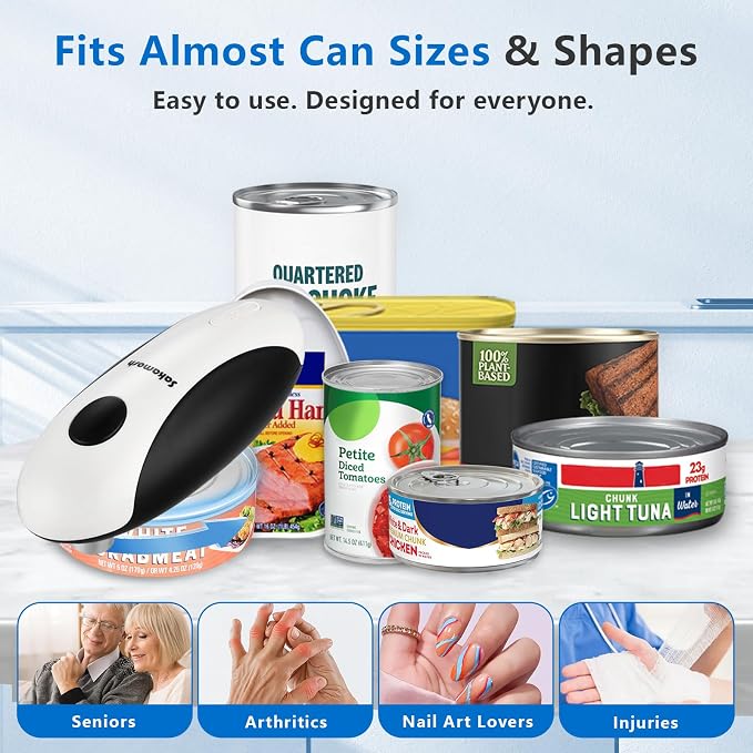 SAKAMOSH Rechargeable Can Opener Electric for Seniors, Hands Free Electric Can Opener with Smooth Edge for Kitchen, One Touch Automatic Opener Fits Most Cans