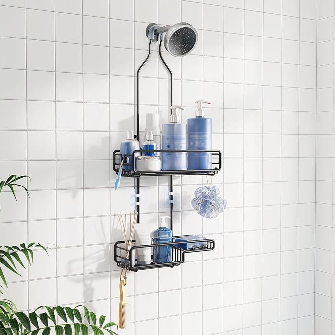 Skyapex Hanging Shower Caddy Bathroom Organizer - Over The Shower Head Adjustable Rack for Tall Showerheads, Extra Large Storage Shelf with Soap Holder for Big Shampoo Bottles