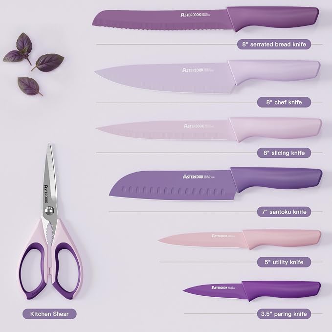 Astercook Knife Set, 13 Pieces Kitchen Knives Set with Healthy Anti-Rust Coating, Dishwasher Safe, Stainless Steel Chef Knife Sets with 6 Blade Guards, Fathers Day Gift for Men