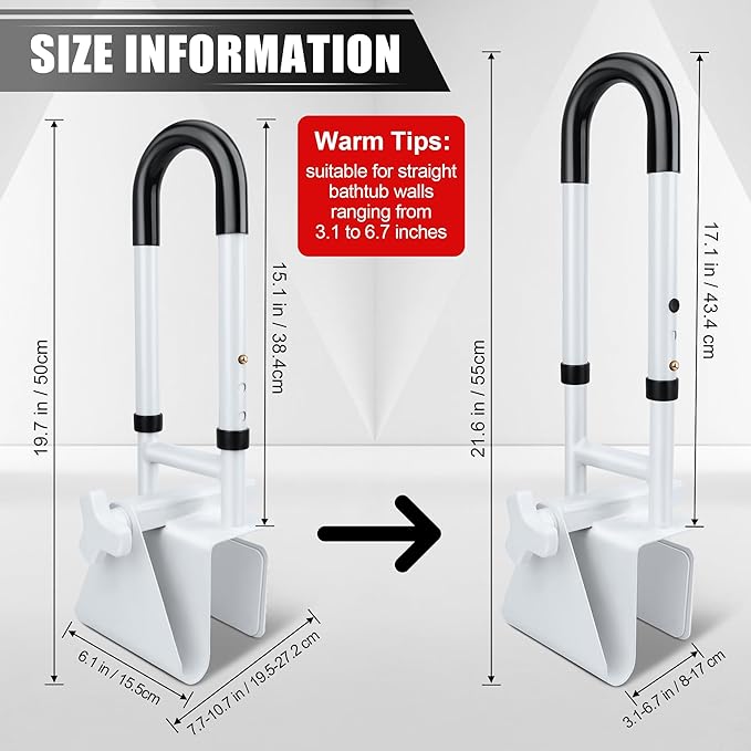 Windspeed Height Adjustable Bathtub Safety Grab Bar for Seniors Bathtub Rails Handles Shower Grab Bars for Elderly, Disabled, Assistance Getting in and Out of Tub, Fits 3.1 to 6.7 Inch Tub Walls
