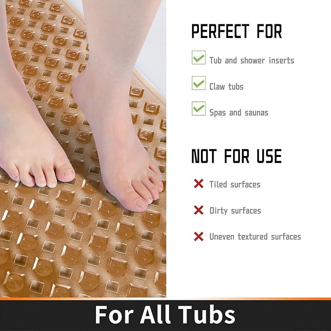 Yimobra Bathtub Mat Non Slip, 35"X16" Shower Mat with Strong Suction Cups&Drain Holes, Long Anti Slip Bath Tub Mat for Inside Shower, Machine Washable Fast Drying, Bathroom Essentials,Clear Brown
