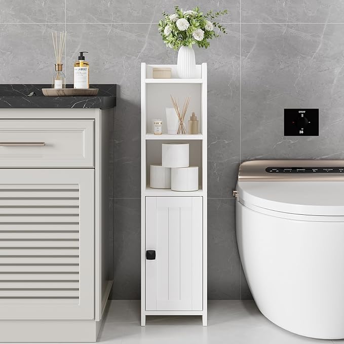 Lomojo Small Bathroom Storage Cabinet Corner, Floor Cabinet with Adjustable Shelves, Freestanding Narrow Bathroom Toilet Paper Organizers for Small Spaces, White