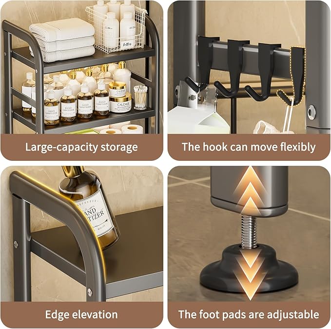 PureBox Over The Toilet Storage, Enhanced Oval Tube Heavy Duty Bathroom Shelf Organizer, Freestanding Metal Toilet Storage Cabinet with Suction Cups for Fastening, 3-Tires Over The Toilet Rack (Grey)