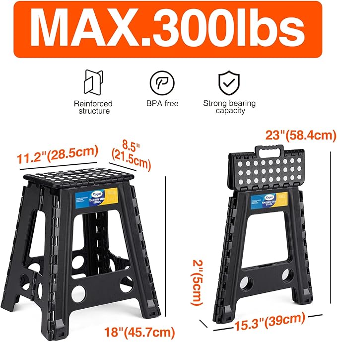 Korpai 18" Folding Step Stool for Adults and Kids Holds Up to 300 lbs,Non-Slip Folding Stools with Portable Handle, Compact Plastic Foldable Step Stool for Bathroom,Bedroom, Kitchen,Black,1PC