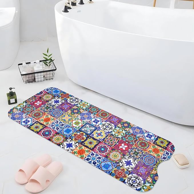 Boho Bathtub Mat Non Slip, Vintage Bath Tub Mat Baby Bath Mats for Bathroom Anti Slip Shower Mats for Inside Shower, Colorful Floral Bathmat with Suction and Drain Holes Machine Washable, 40″x16″