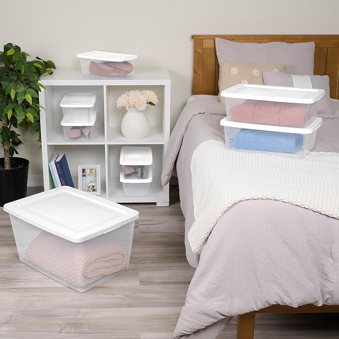 Sterilite 24-Pack Clear Storage Box, Stackable Container Bins with Lids, 12 Qt, White – Plastic Containers for Home, Closet, Bathroom, Classroom, and Office Organization