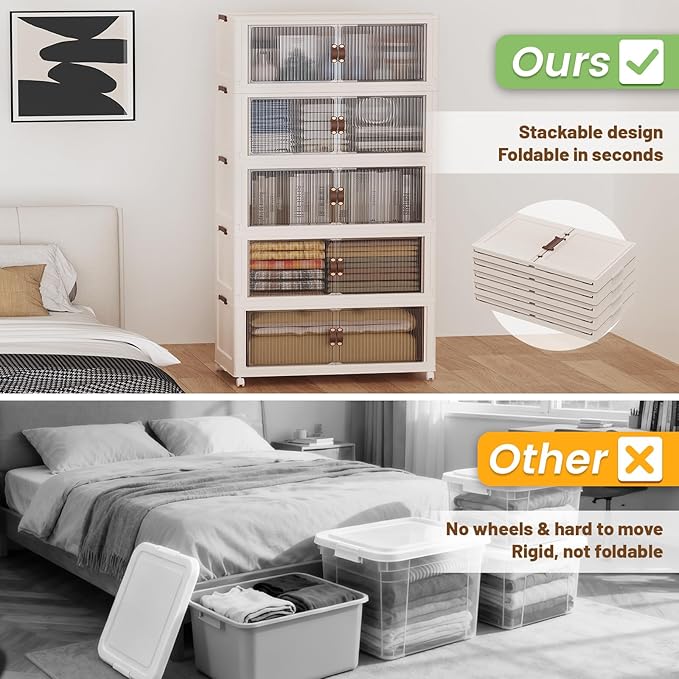 SAILUN 158Gal/635Qt Extra Large Stackable Storage Bins Folding Collapsible Storage Bins with a Lid, Closet Organizers and Storage Blush White 28" W x 17" D x 75" H
