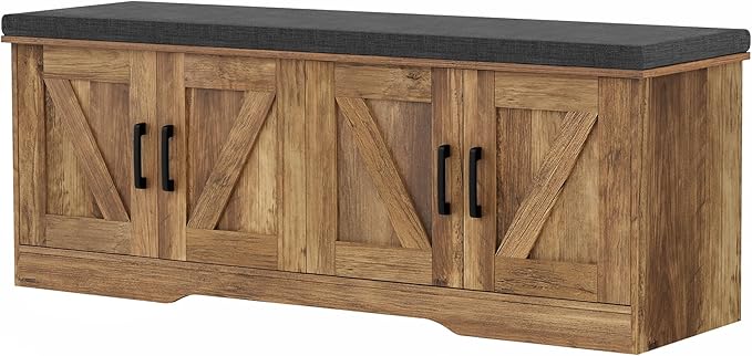 HOMSHO 2-Tier Storage Bench, 47.2" Wide Shoe Bench with Padded Seat Cushion, Entryway Bench with 4 Barn Doors and Adjustable Shelf, Rustic Walnut
