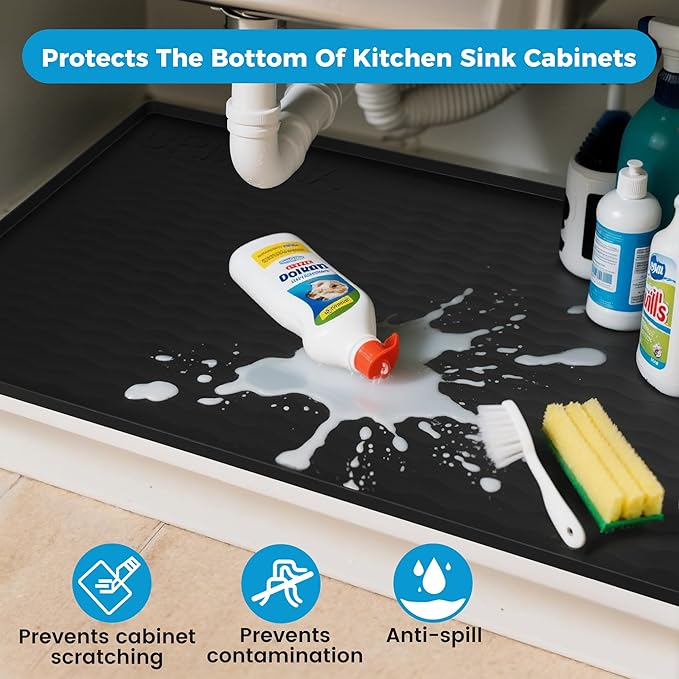 URMONA 31'' x 22'' Waterproof Silicone Under Sink Mat Cabinet and Counter Protector, Shelf Liner for Kitchen and Bathroom, Storage and Organizers, Litter Mat, Pet Cat Puppy Essentials(Ivory)