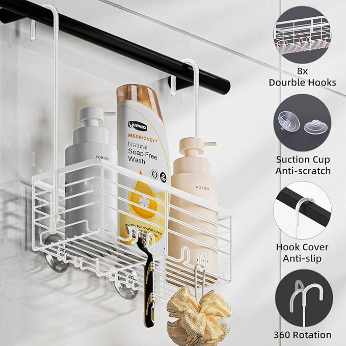 SHANSHUI Shower Caddy Hanging Bathroom Organizer Basket, Shampoo Bracket, Over Door Showers Caddy with Hooks, 304 Stainless Steel Rust Proof Rack- White