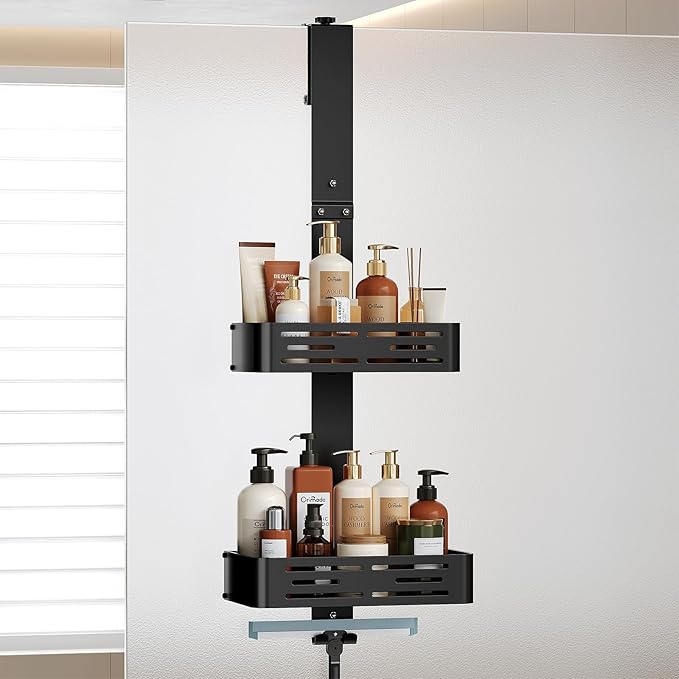 Orimade Aluminum Over the Door Shower Caddy, Rustproof Hanging Shower Organizer, Heavy Duty 44LB, Adjustable Height, Safe Rounded Edges, Bottom Plate to Hold Small Items, for Bathroom Storage, 2-Tier
