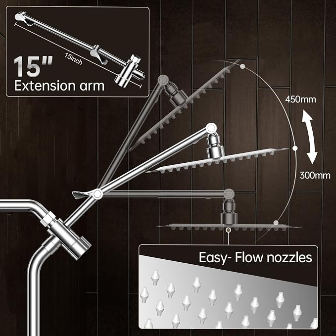 Veken All Metal 10" Shower Head with Handheld, Luxurious Square Double Rain Shower Heads with Spray Combo, Dual High Pressure Detachable Rainfall Showerhead with Extension Arm, Long Hose,Chrome,Sliver
