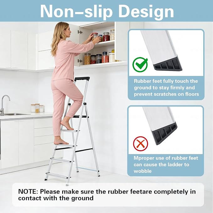 Simple Deluxe 5 Step Ladder,330lbs Folding Step Stool with Anti-Slip Wide Pedal Handrails, Foldable Step Stool for Home Kitchen and Outdoor, Silver