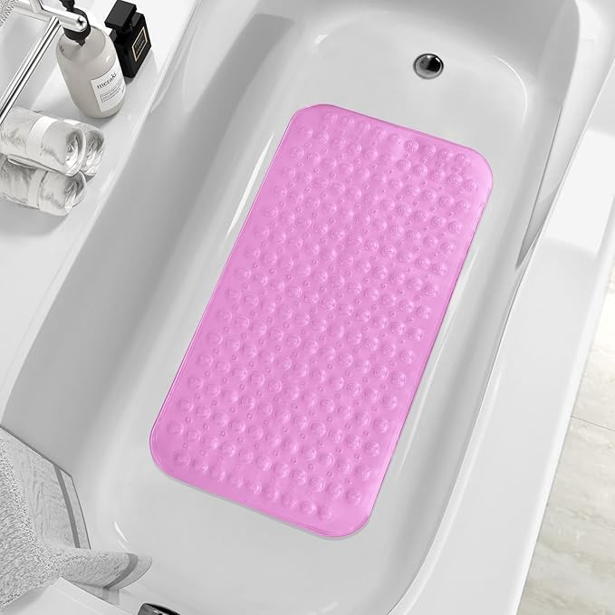 ZHICHENG Bath Mat - Shower Mat Non Slip - Long 31.88 x 15.74 Inch Bathroom Mats for Tub Nonslip - Anti Slip Bathmats - Bathtub Mat Non Slip with Massage Particles (Transparent Pink)