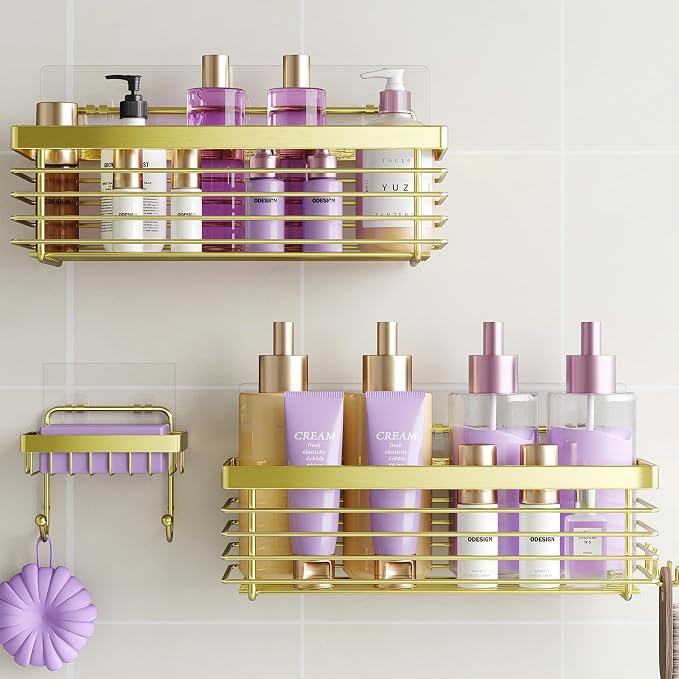 ODesign Shower Caddy 3 Pack SUS304 Stainless Steel-No Drilling-Shower Bathroom Shelves Rack,Rustproof Wall Mounted,Adhesive Shower Shelf Basket Organizer-Golden