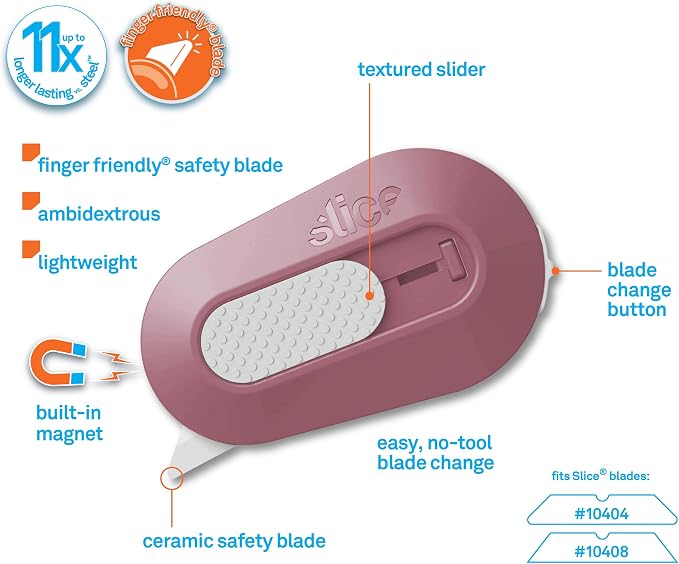 Slice Mini Box Cutter | Manual Retracting | Safe Ceramic Box Cutter Lasting 11x Longer than Metal | Box Opener | 2 Pack | Dusty Rose
