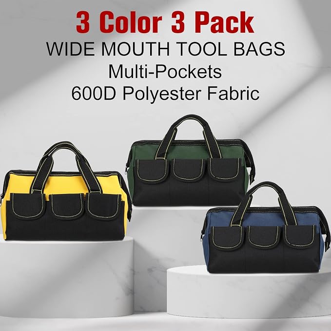 Sanwuta 3 Pack Tool Bag for Men with Waterproof Hard Bottom, Heavy Duty Tool Bag Wide Mouth Tote for Various Instrument, Electrician Carpenter Mechanic(Blue, Green, Yellow,16 Inch,Classic)