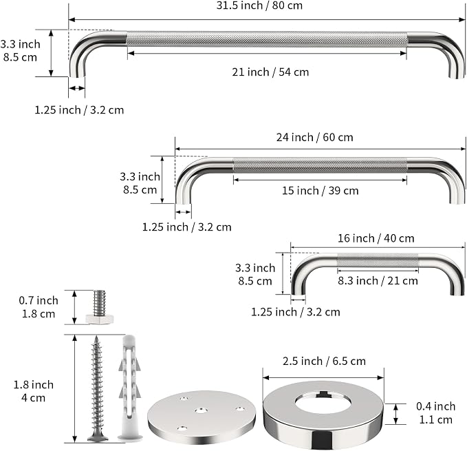 3 Pack Shower Grab Bar for Bathroom, Munzong 16", 24", 32" Chrome Commercial Grab Bars Bundle, 1.25" Diameter Anti Slip Handicap Balance Bar,Stainless Steel Safety Hand Rail for Senior Bath Handle