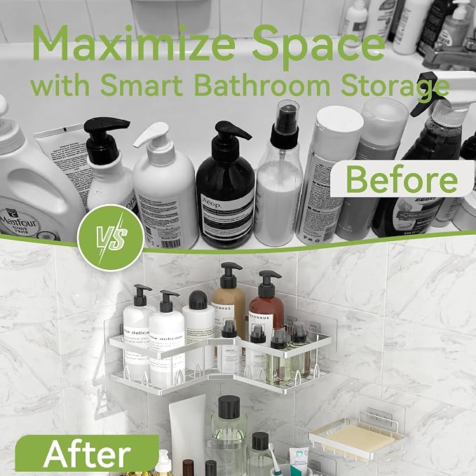 Shower Shelf Corner, Adhesive Shower Caddy Rustproof, Shower Shelves Corner with Soap Holder, No Drilling Shower Corner Organizer for Dorm, Renters Bathroom, Silver, 3 Pack