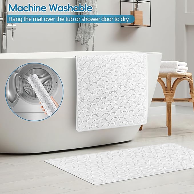 Bathtub Mat Non Slip with Suction Cups - 100% Rubber Bathroom Mat Textured for Bath Tub Shower Safety - Soft on Touch - BPA/PVC Free - Pet Dog Bath Mat - Machine Washable - 17 × 35 Inch（White）