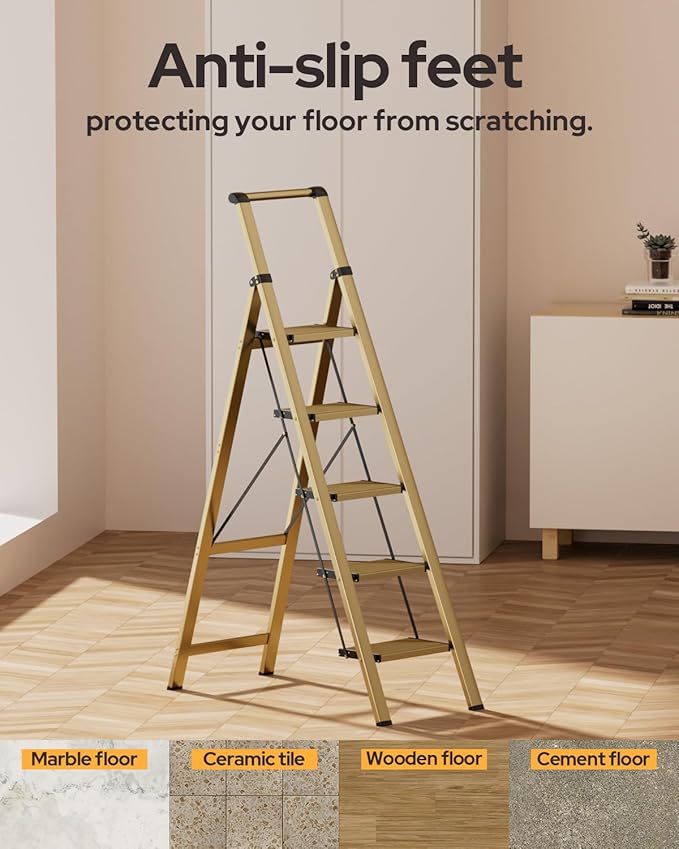 5 Step Ladder for 10 Feet High Ceiling, Lightweight Aluminum Folding Step Stool with Convenient Handgrip, Stepladders with Anti-Slip and Wide Pedal for Home Use Space Saving - Gold