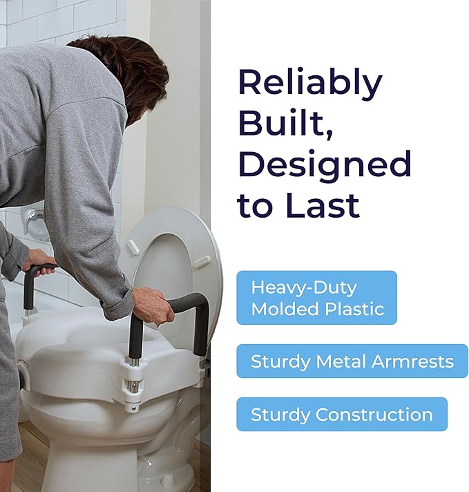 Drive Medical 2-in-1 Raised Toilet Seat with Removable Padded Arms - Elevated Bathroom Safety Support - Secure Locking Attachment - Easy Height Assistance - Durable Construction, Standard Toilets