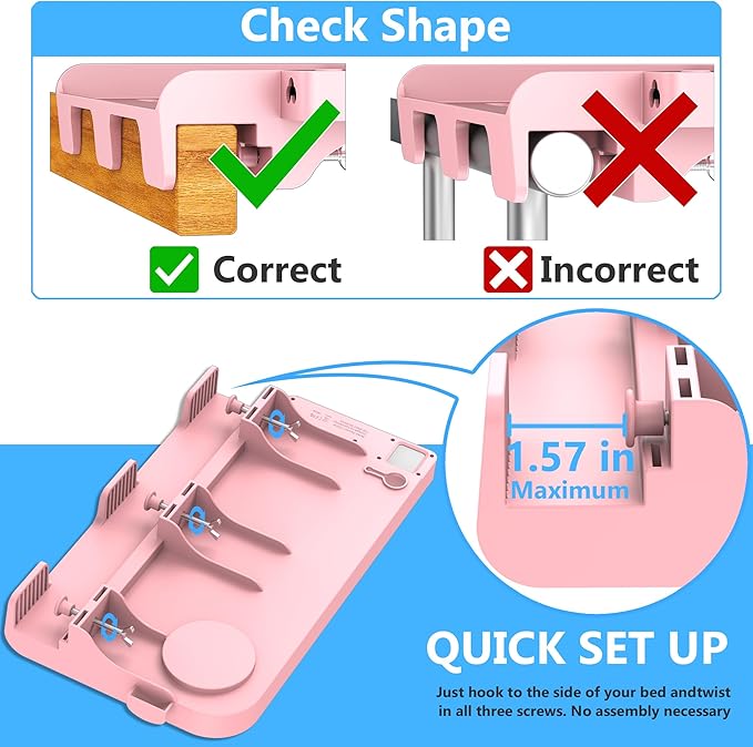 Hiree Bedside Shelf for Dorm Bunk Bed with USB Charging Port and 2 AC Outlets, Bed Side Table Tray Organizer, College Dorm Essential, Clip On Bedside Tray, Cool Teen Girls Trendy Stuff (Pink)